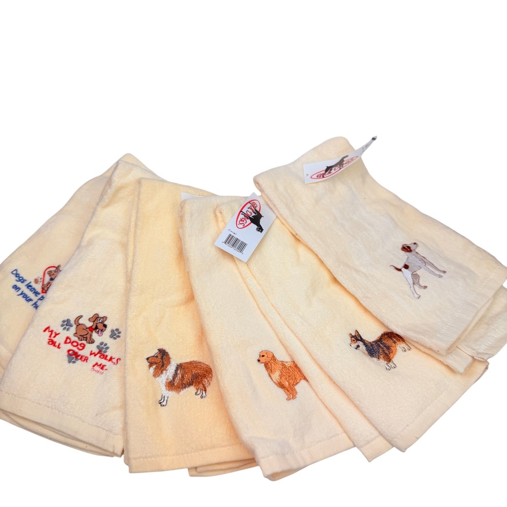 GR&Dogs Hand Towel Set 6 Cotton Cream Embroidered Puppy Pet Lover Gift NEW
